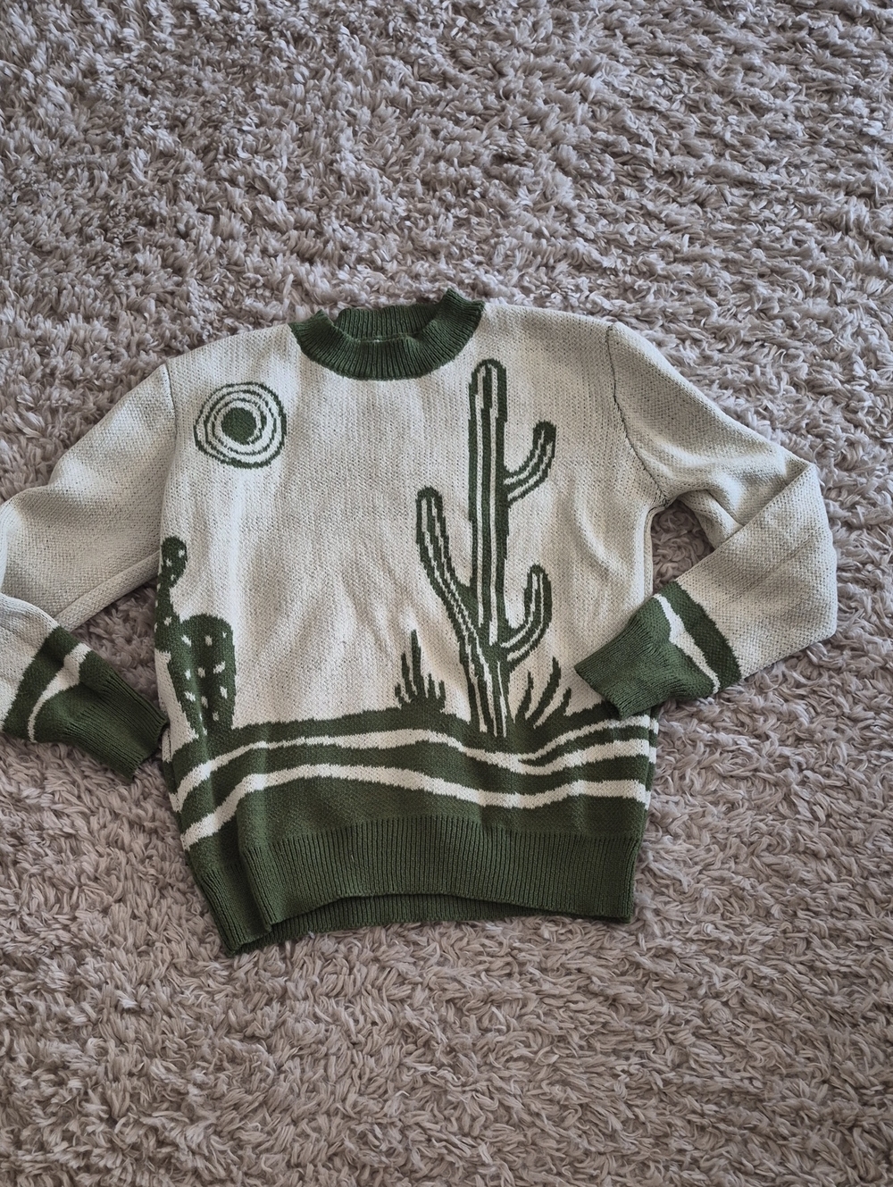 Cream & Green Cactus Knit Crewneck Sweater